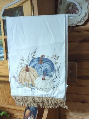 Farmhouse White Kitchen Table runner with Blue and Cream Pumpkin Print